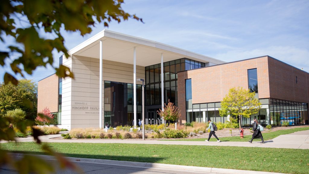 The Edward J. Minskoff Pavilion's main entrance on a sunny, fall day.